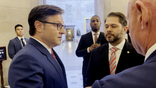 House Speaker Mike Johnson speaks with Sens. Ruben Gallego and Mark Kelly