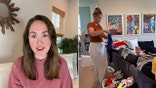 split photo of woman talking and her doing laundry