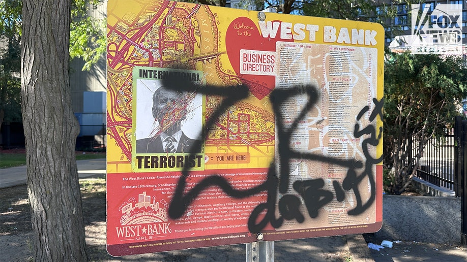 Graffiti on West Bank business directory sign in Minneapolis