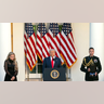 President Donald Trump speaks alongside Erika Kirk