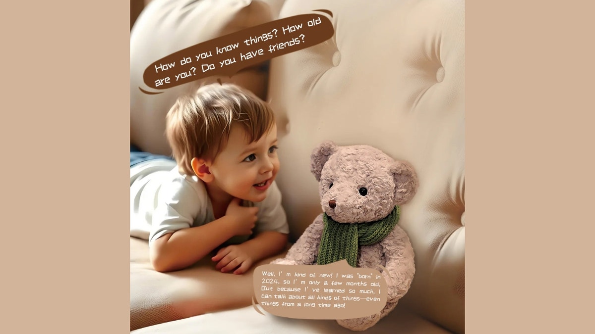 A kid  with the AI Teddy bear.