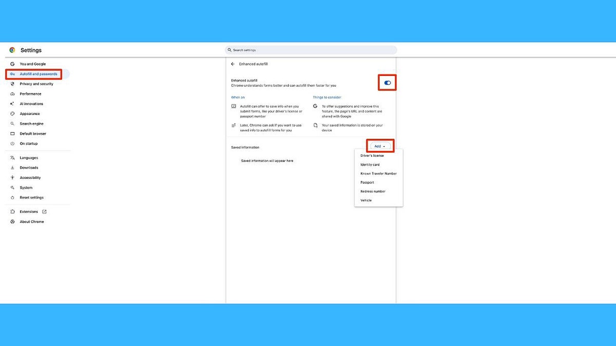 The settings of Google Chrome