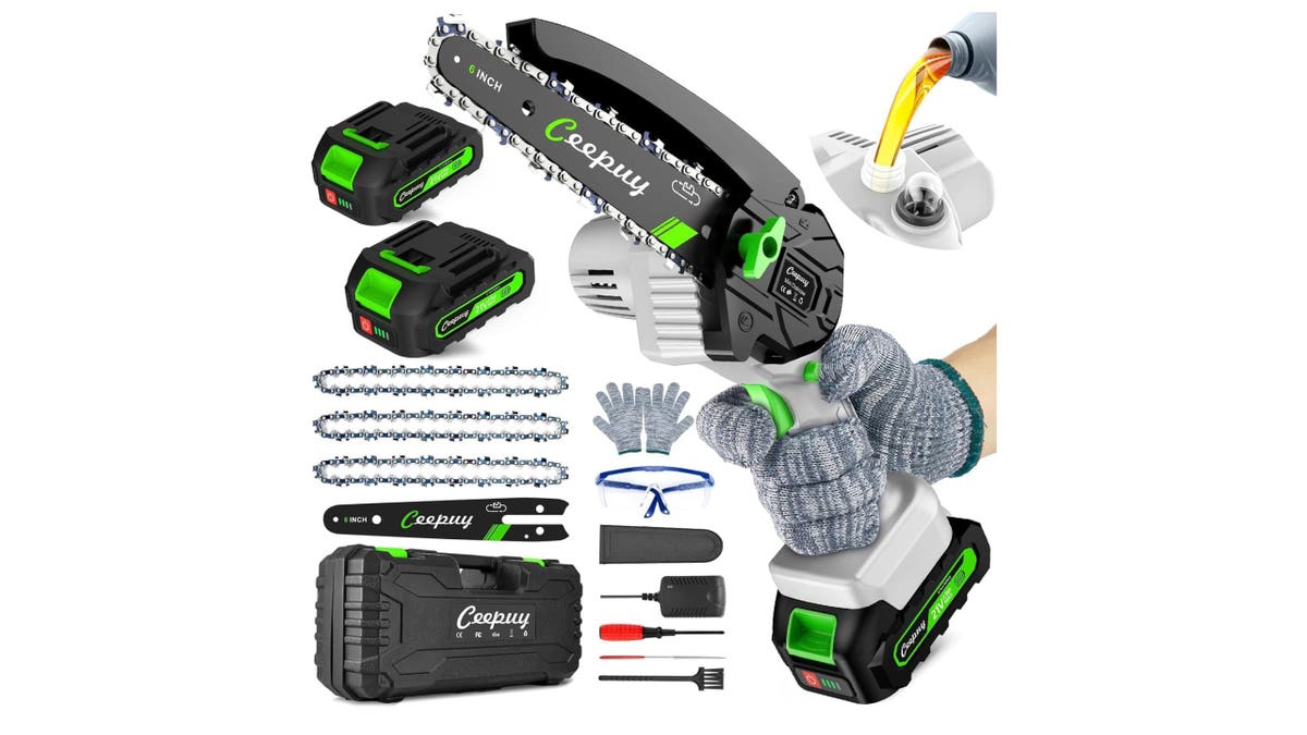 The kit includes everything you need to run the mini chainsaw safely and effectively.