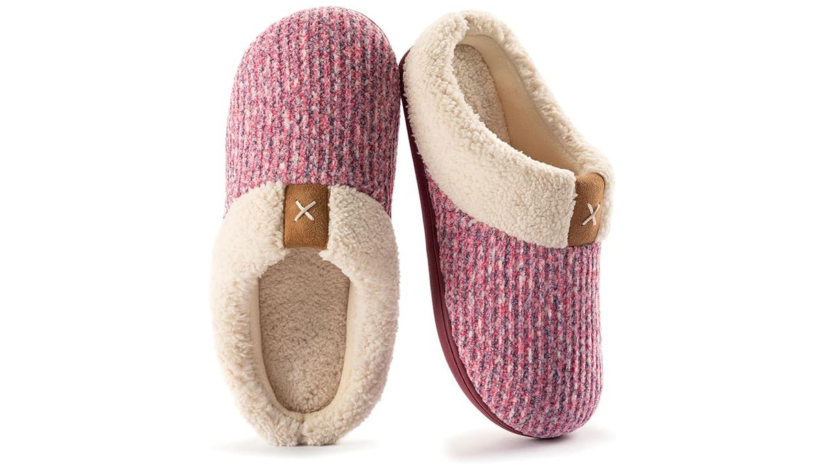 Slip on a pair of knit slippers for a stylish, comfortable look.