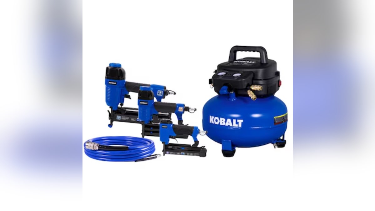 The air compressor comes with three different nailers. 