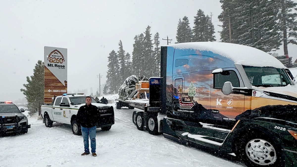 Arizona truck driver is delivering the Capitol Christmas tree to DC from across the country 1 Michael porter in nevada snow forrest with us capitol christmas tree