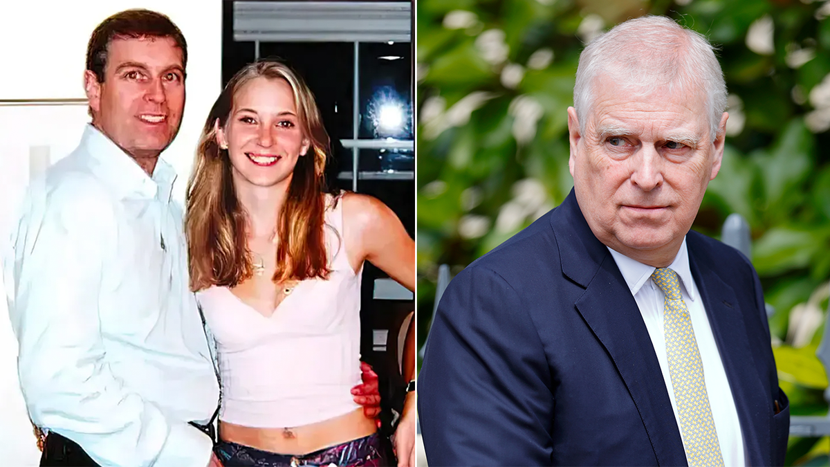 A split of the infamous photo of Prince Andrew with Virginia Giuffre and a 2025 photo of Andrew.