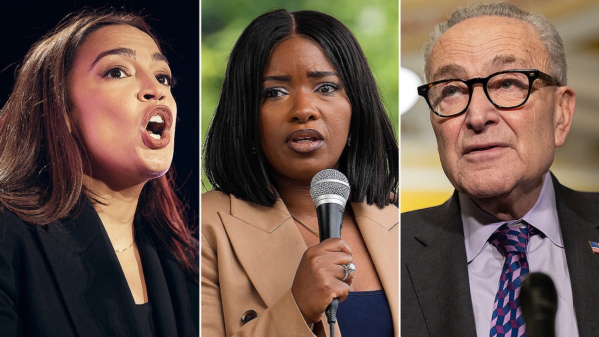 Rep. Alexandria Ocasio-Cortez, D-N.Y., Rep. Jasmine Crockett, D-Texas, and Senate Minority Leader Chuck Schumer, D-N.Y.