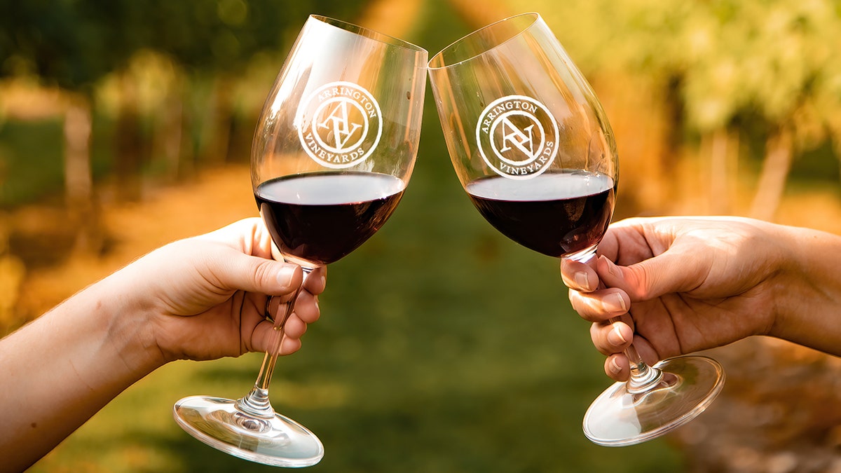 Hands pressing Arrington Vineyards wine glasses with red wine.