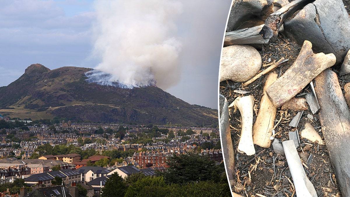 Split image of King Arthur's chair on fire, mysterious bones