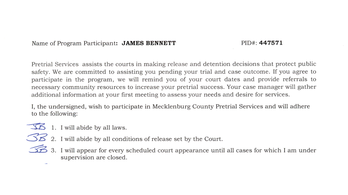 An excerpt from a tribunal  papers  showing Bennett's initials adjacent  to a slug  constituent   that reads, "I volition  abide by each  laws."