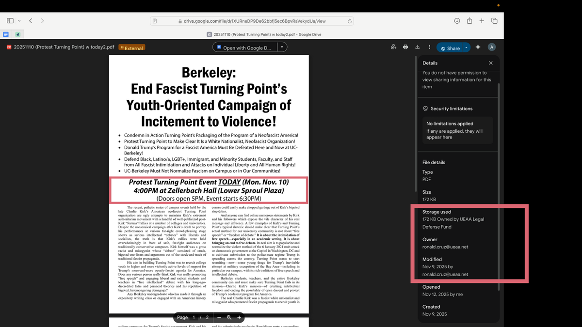 Flyer posted by a group calling itself By Any Means Necessary in advance of a Turning Point USA evenbt at Cal Berkeley.