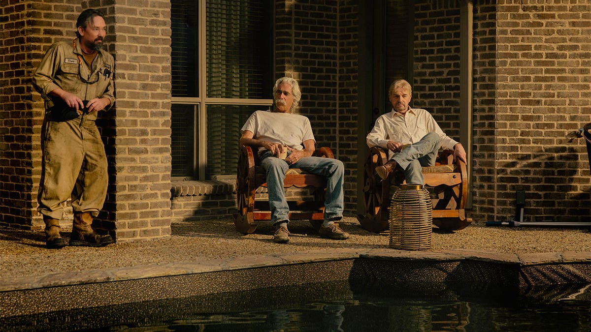 James Jordan as Dale, Sam Elliott as T.L. and Billy Bob Thornton as Tommy in "Landman" episode 10, season 2