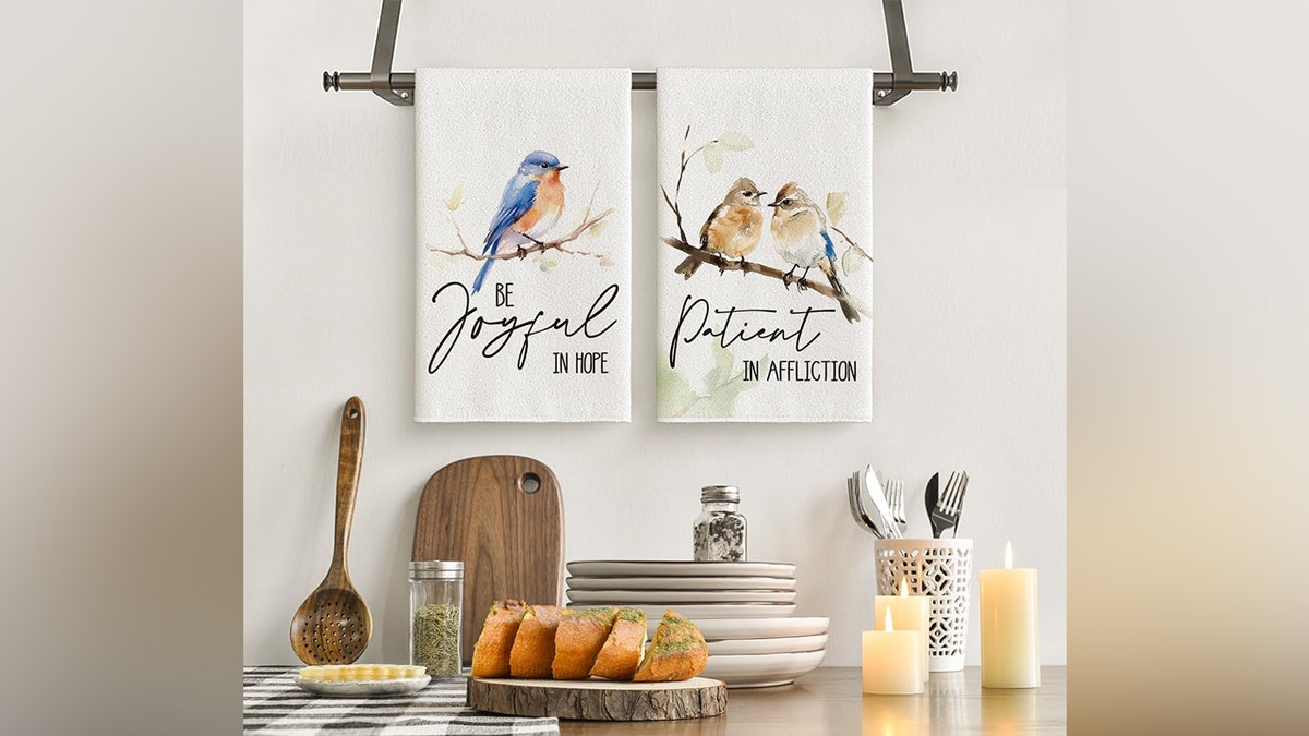 In a kitchen, a towel rack holds two towels with birds pictured on the towels.