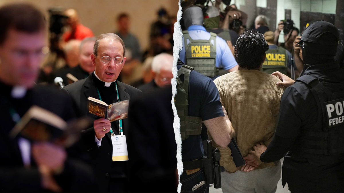 U.S. Catholic bishops praying together and federal law enforcement officials making an arrest.