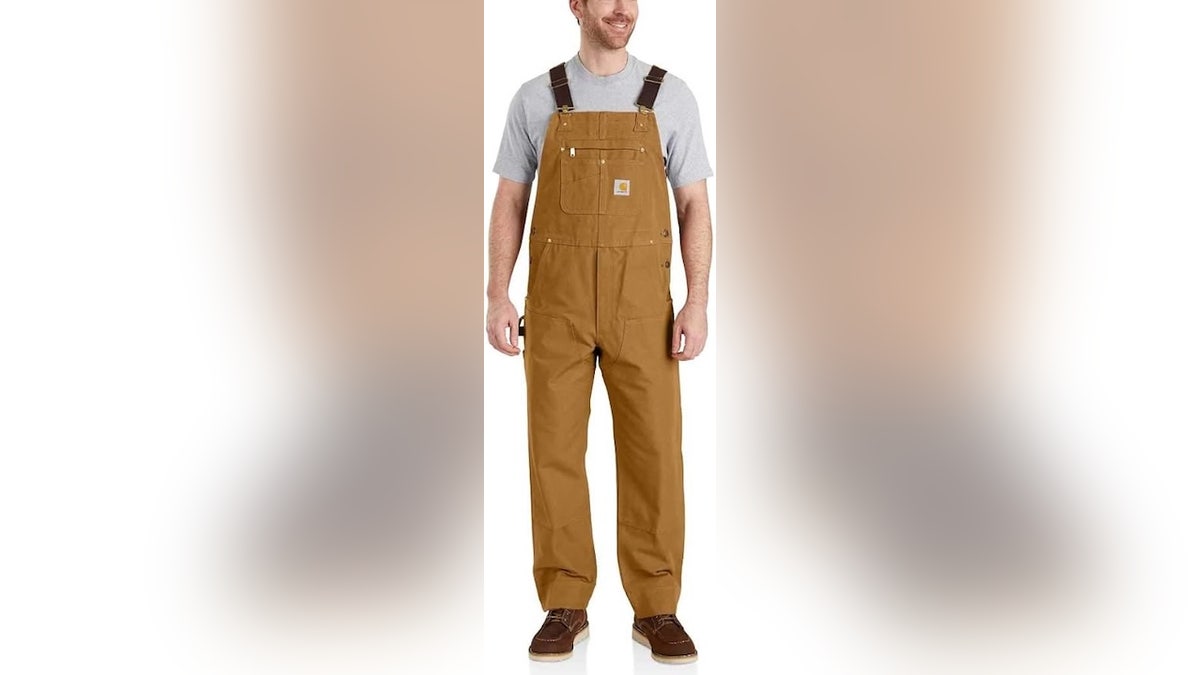 Adjust these tough overalls with the elastic suspenders.