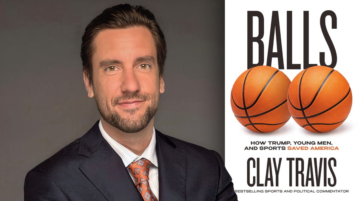 Split image of OutKick founder Clay Travis and cover of new book.