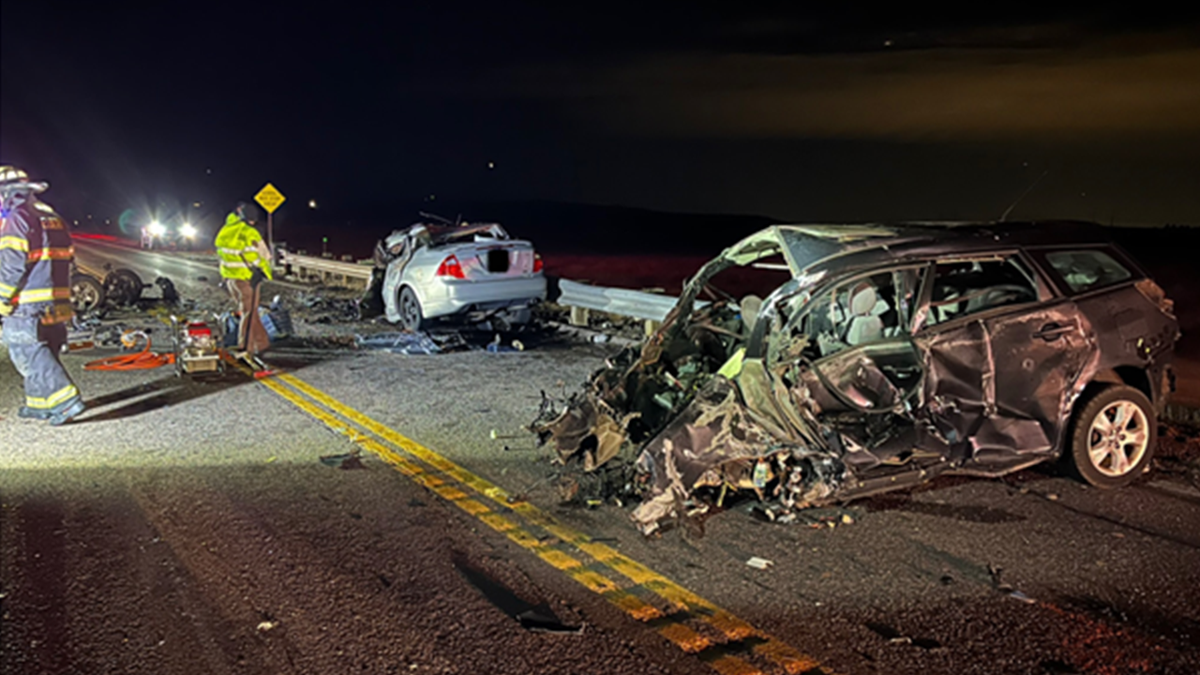 Car wreckage seen on Colorado highway.