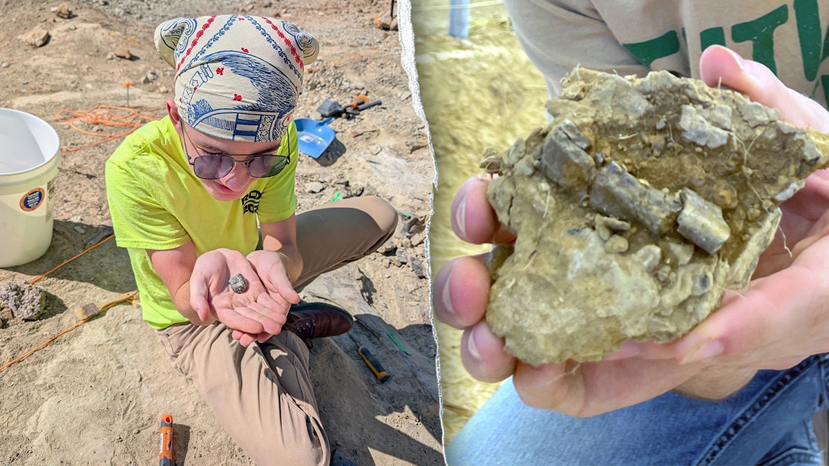 Split image of Aidan holding a small bone, Aidan holding a large bone