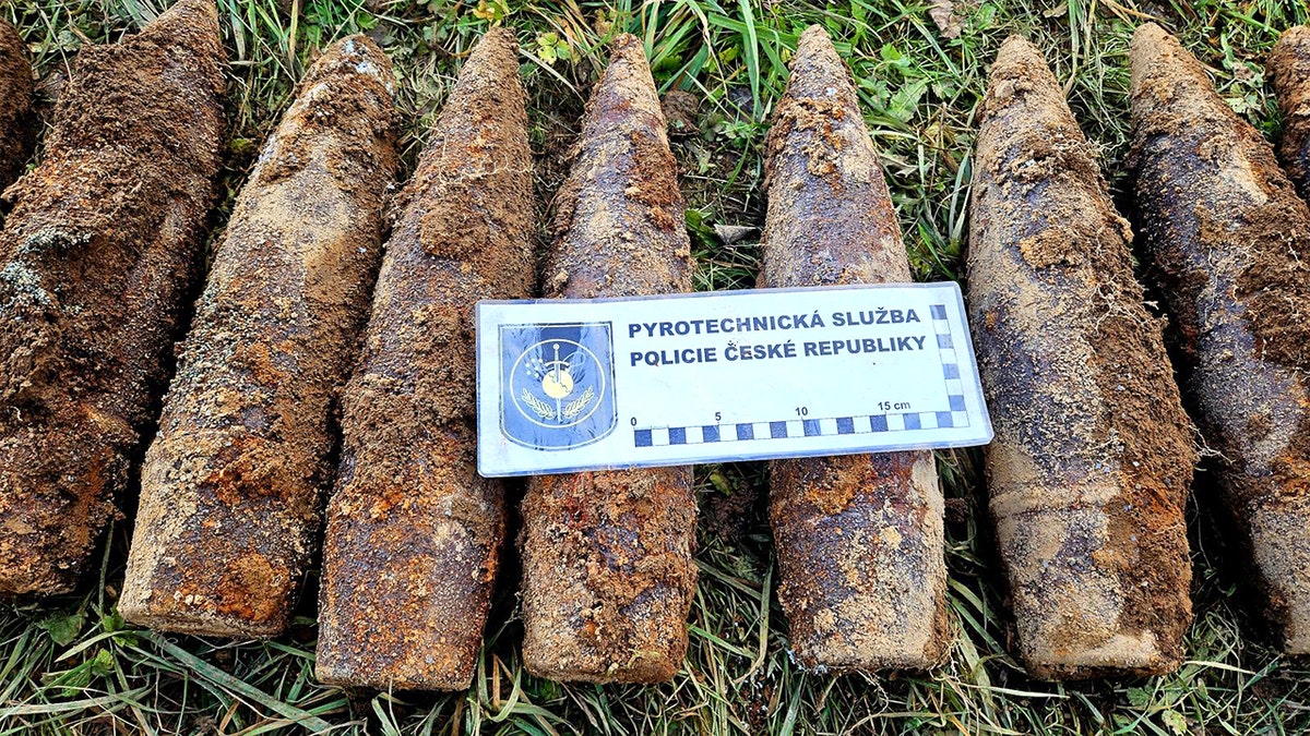 WWII ammo laid out on grass with police card
