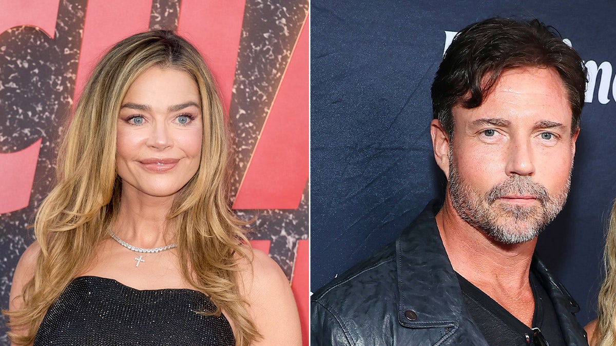 Denise Richards smiles wearing a black top, Aaron Phypers poses on red carpet.