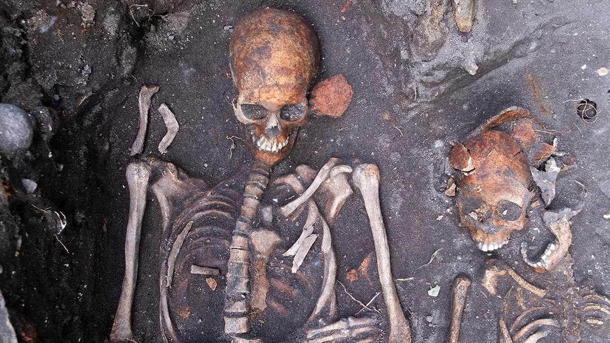 Aerial view of skeletons in graveyard
