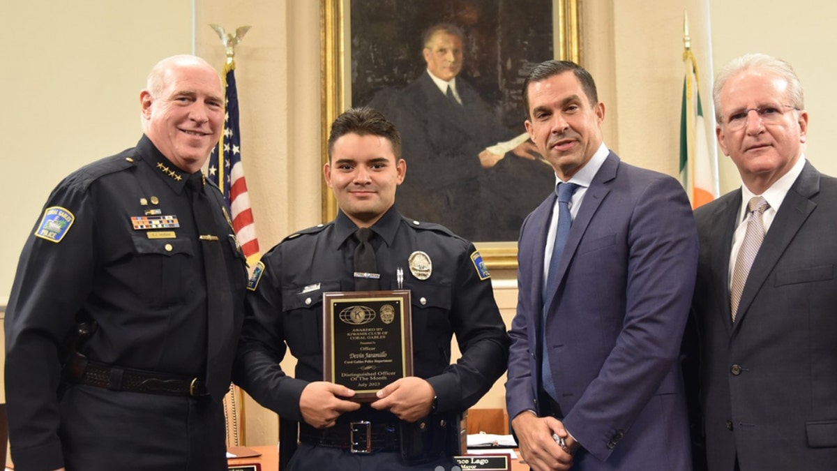 Deputy Devin Jaramillo receives an officer-of-the-month award in 2023