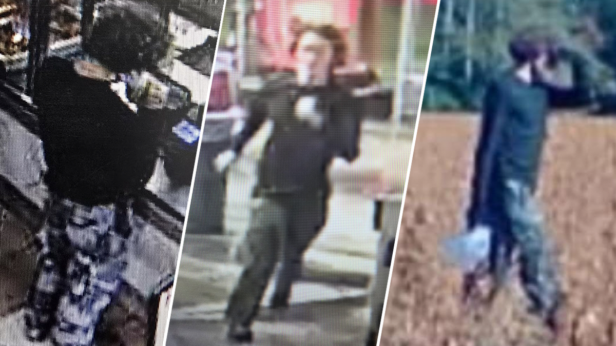 A combination image showing 3 separate sightings of NC fugitive Dominic Connelly, wearing a black shirt and camo pants and doing different activities