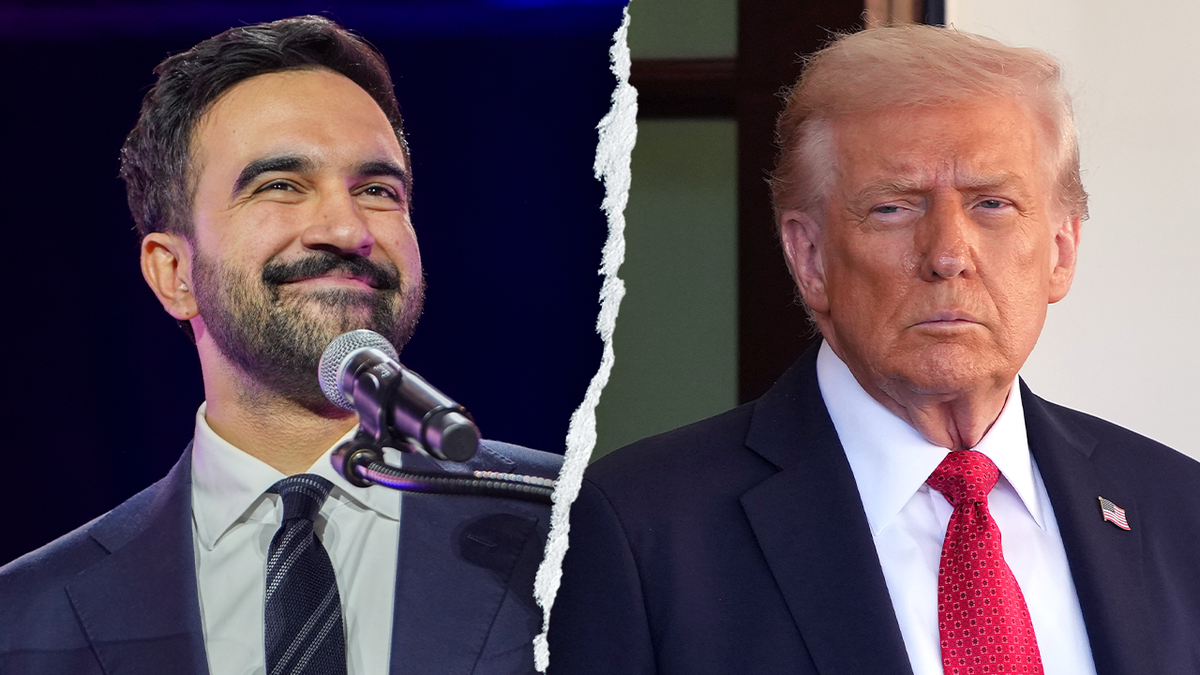 two split thumbnail of zohran mamdani smiling on left, and donald trump on the right