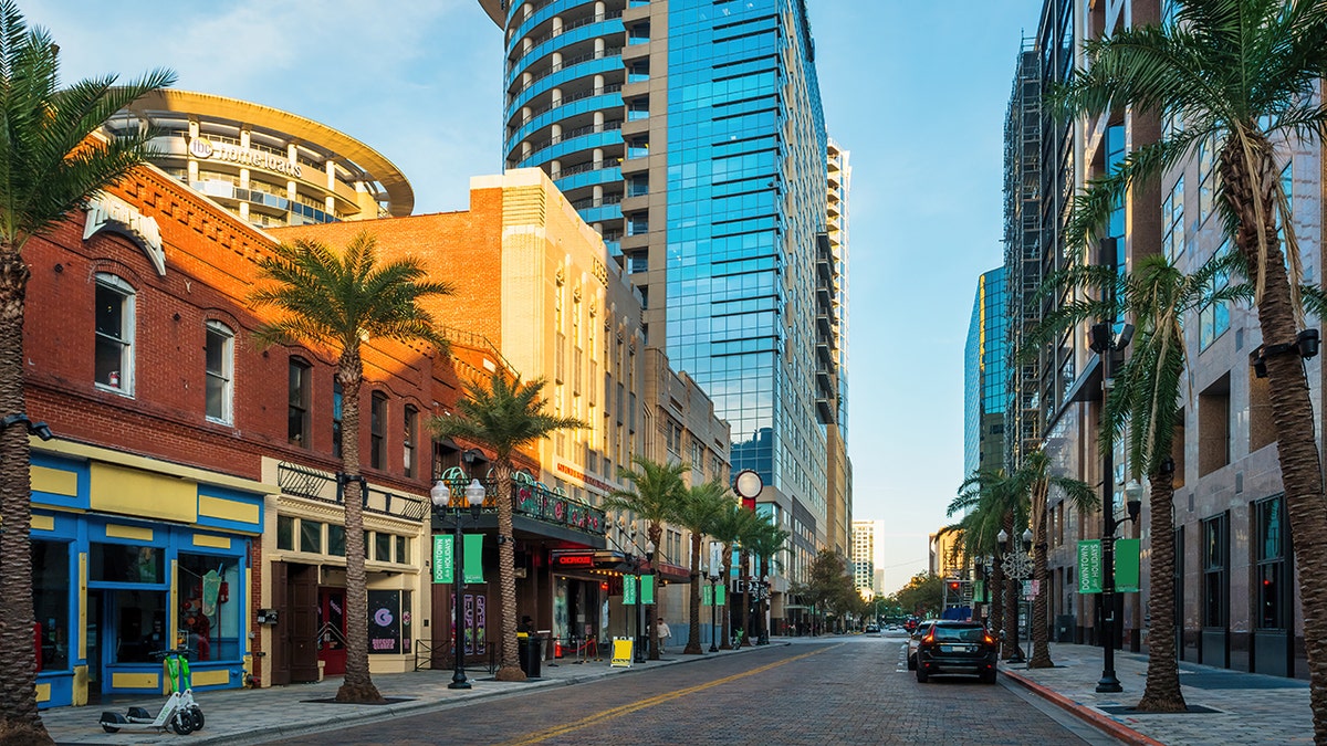 Downtown Orlando with buildings, palm trees
