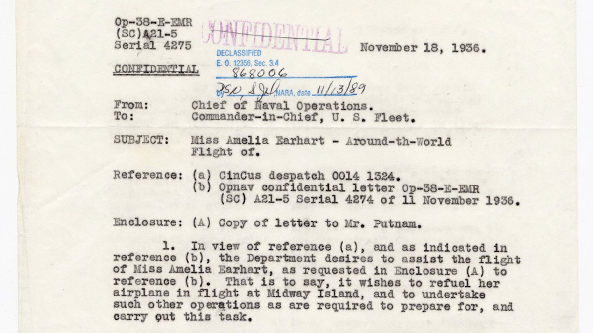 navy cable authorizing refuel of amelia earharts airplane on midway island