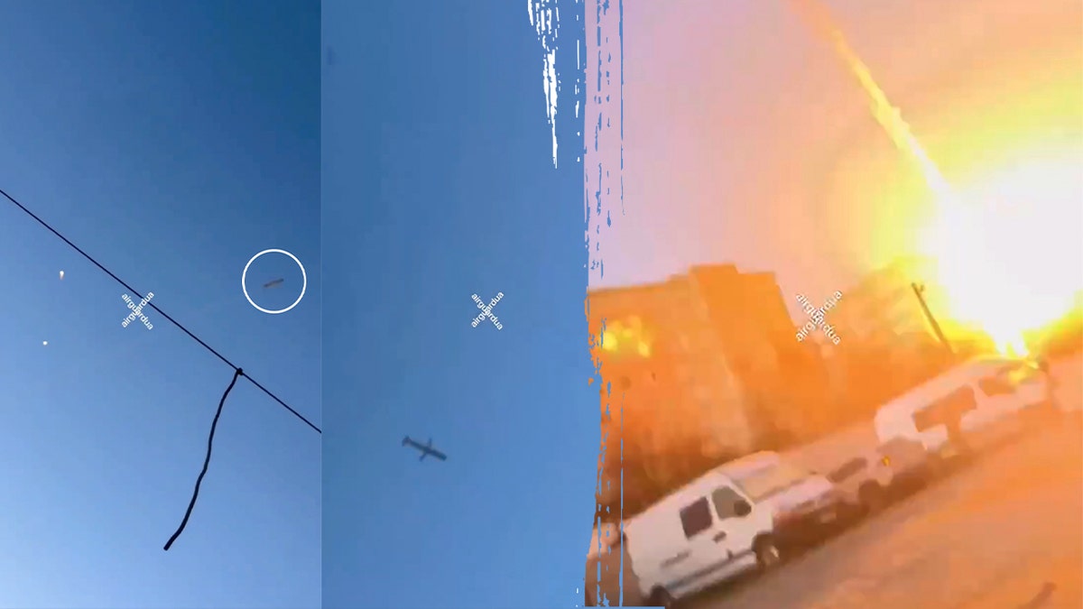 A Kh-101 missile streaks through the sky moments before striking a residential building in Ukraine.