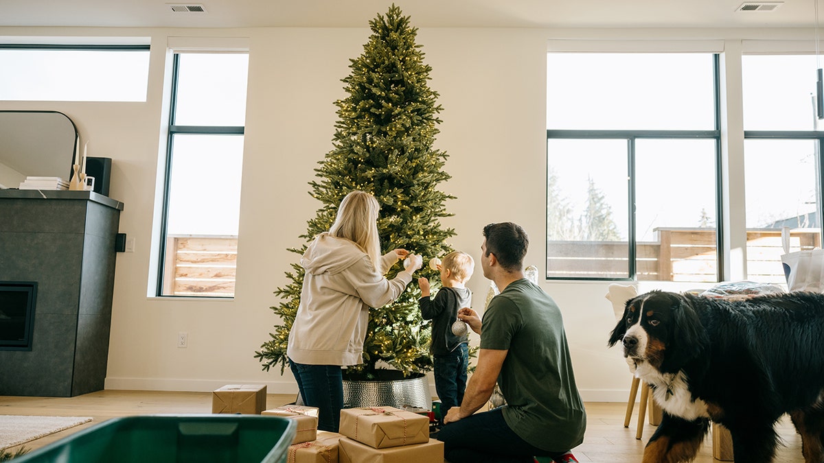 A mother, father, and son are decorating a lit Christmas tree in their home.