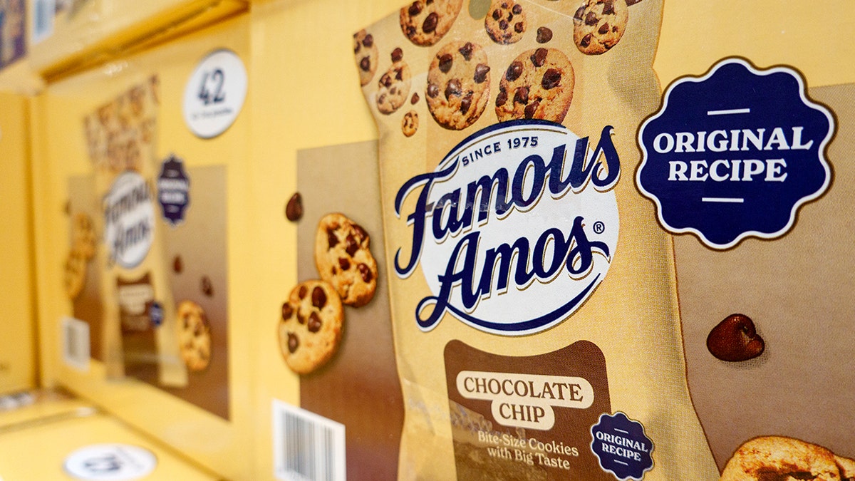 Famous Amos chocolate chip cookies are shown on display.