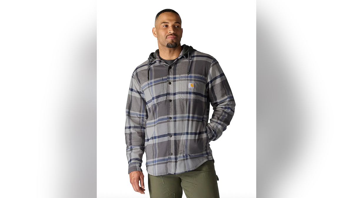 This roomy shirt jacket is made with stretch flannel.