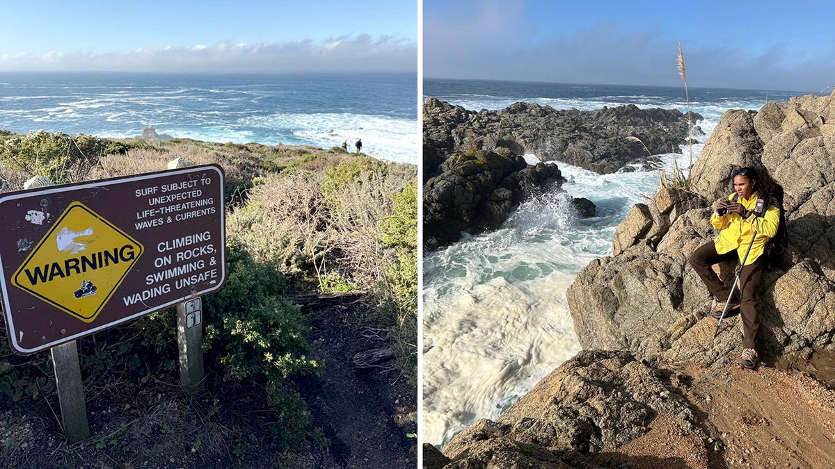 a warning sign and a search member checking a rocky area