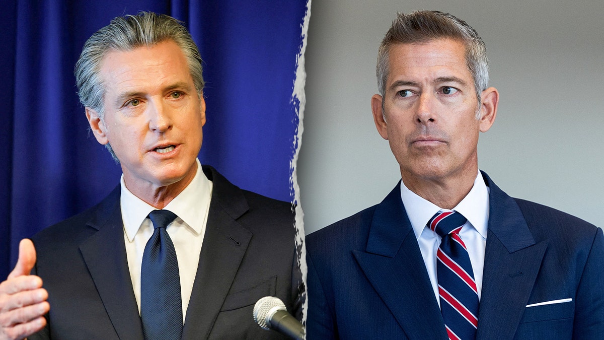El gobernador de California, Gavin Newsom, y el secretario de Transporte, Sean Duffy, en una imagen dividida.