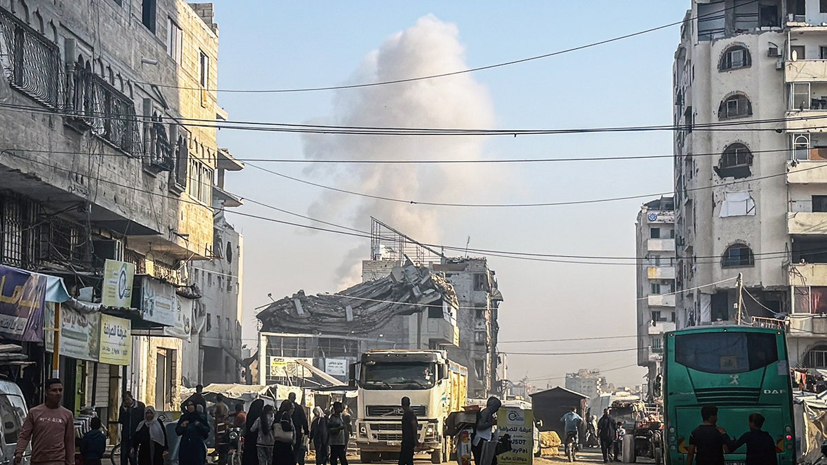 Smoke rises into the air following airstrikes in eastern Gaza