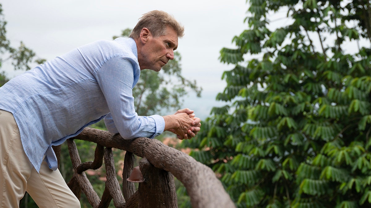 Gerry Turner in a light blue shirt and khaki pants looking down at some trees from a balcony.