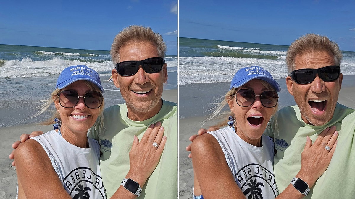 A split side-by-side image of Gerry Turner and Lana Sutton on the beach after their engagement.