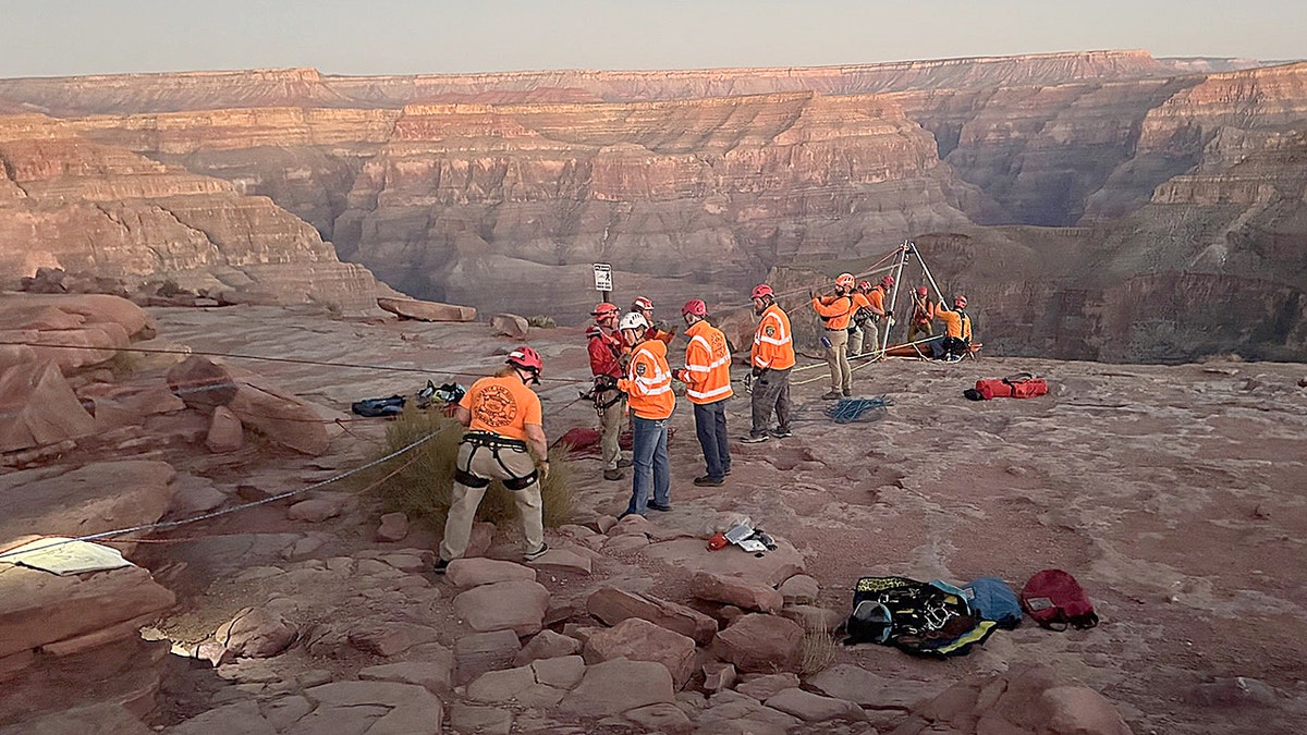 First responders set up ropes to descend into Grand Canyon and recover body