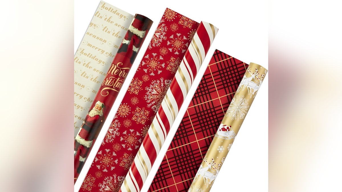This festive bundle of gift wrap spreads holiday cheer. 