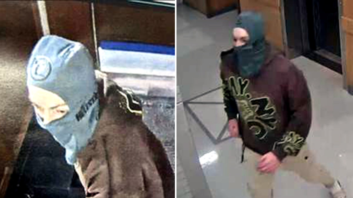A split image of a masked suspect in a hood covering and brown sweatshirt