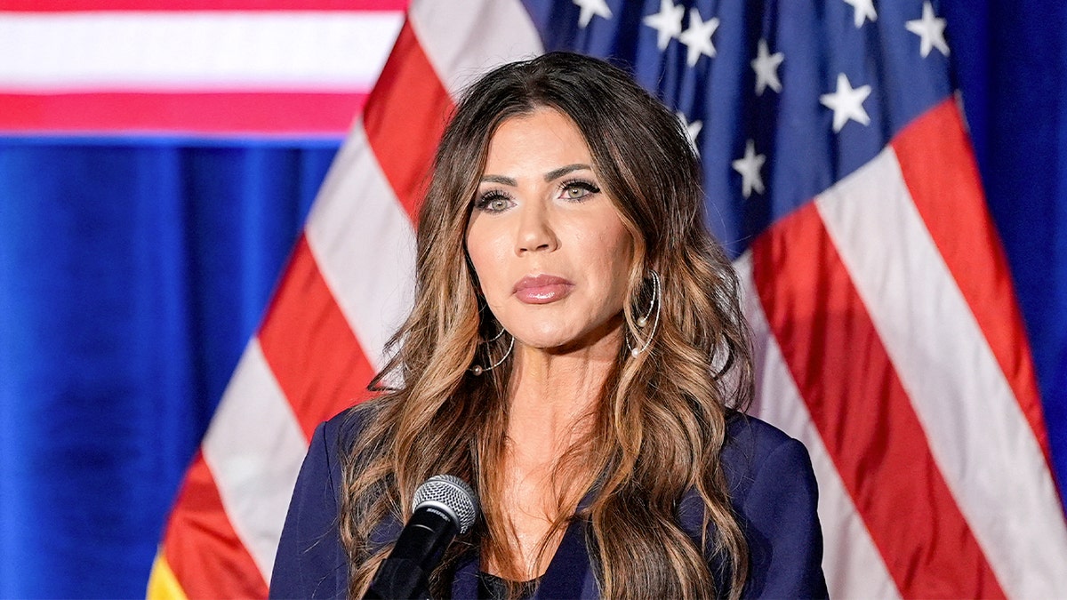 Homeland Security Secretary Kristi Noem in front of an American flag