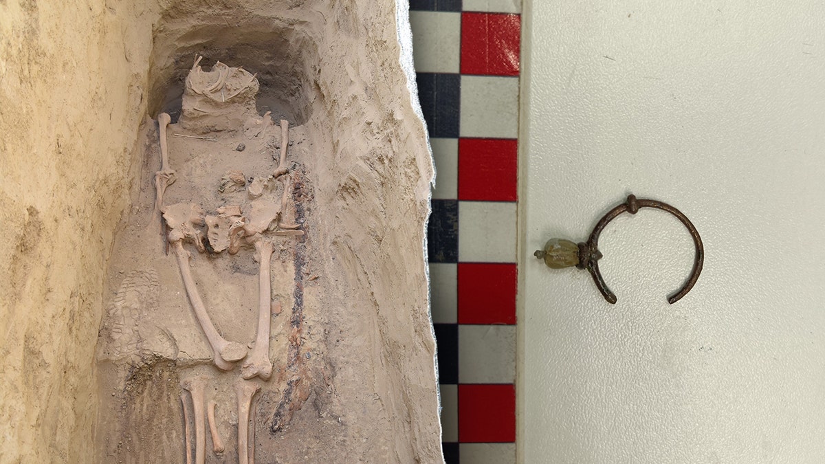 Split representation  of skeleton, tiny  earring astatine  grave