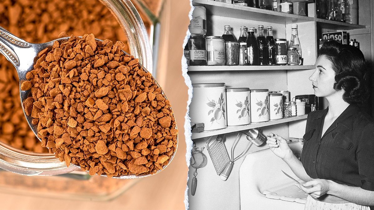 Split image of instant coffee, 1950s kitchen and housewife with instant coffee