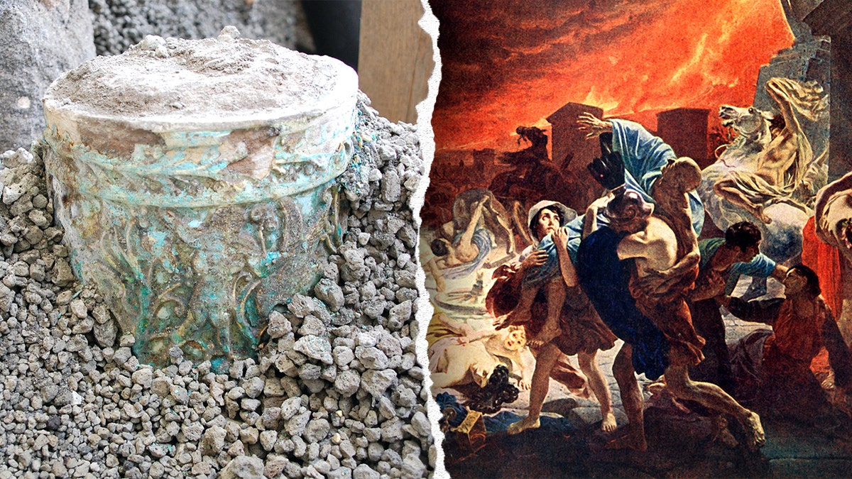 Egyptian vase next to depiction of Vesuvius eruption