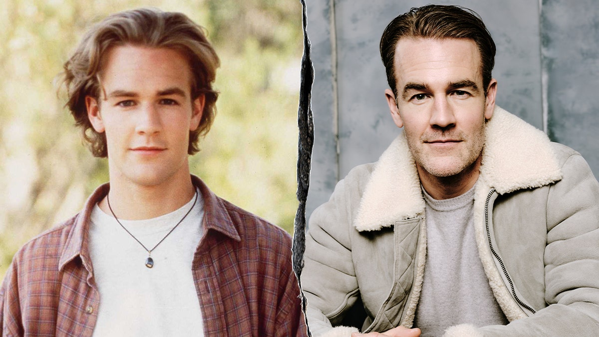 Split photo of James Van Der Beek in the 1997 TV series "Dawson’s Creek," and actor in 2020.