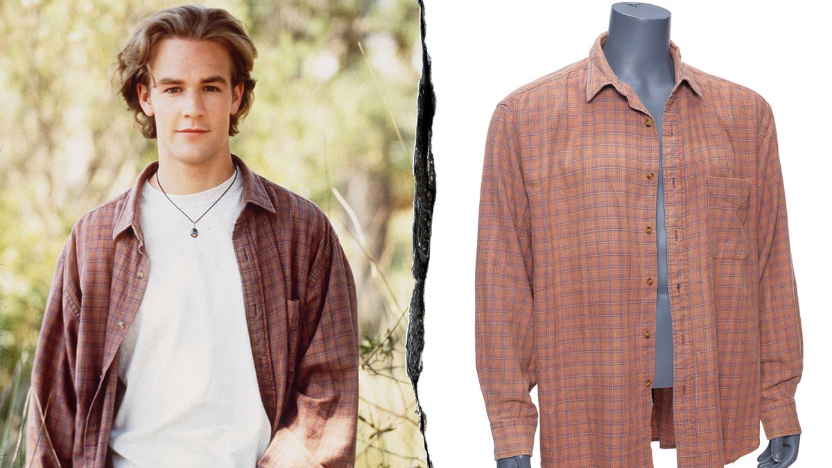 Split photo of James Van Der Beek as Dawson Leery wearing a flannel shirt from the TV series Dawson’s Creek; Van Der Beek's shirt up for auction.
