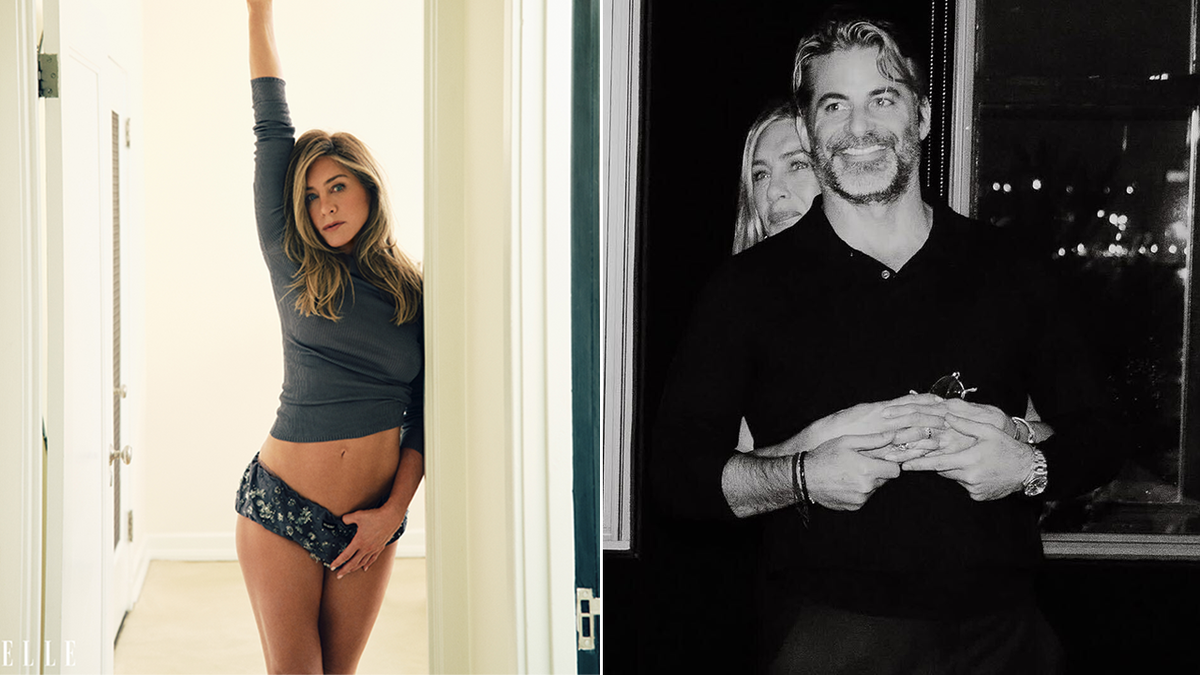 A split of Jennifer Aniston in her underwear in Elle and Jennifer's photo with Jim Curtis